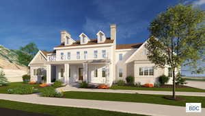 Colonial home with covered porch, a chimney, and a front lawn