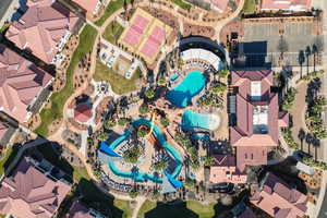 Aerial overview of property's location with a pool area