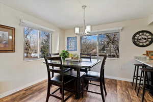 Dining space with dark wood finished floors and hanging lights
