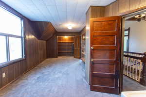 Bonus room with wood walls and carpet flooring