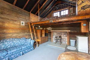 Carpeted living area with wooden walls and a high ceiling