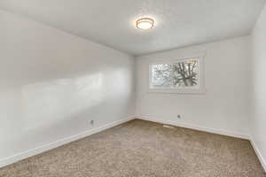 Carpeted empty room with baseboards and a textured ceiling
