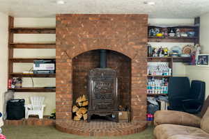 Detailed view of a wood stove, a textured ceiling, and carpet floors