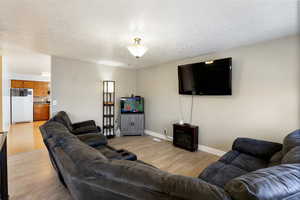 Living room featuring a textured ceiling and light wood-type flooring