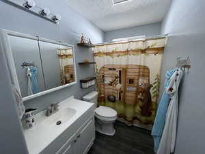 Full bath with vanity, a shower with shower curtain, a textured ceiling, and dark wood-type flooring