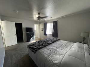 Carpeted bedroom featuring a ceiling fan and a textured ceiling
