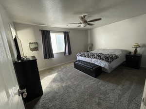 Carpeted bedroom with a textured ceiling and a ceiling fan
