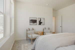 Carpeted bedroom featuring multiple windows