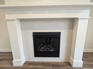 Detailed view of wood finished floors, a glass covered fireplace, and an accent wall