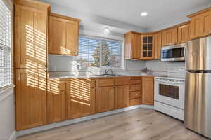 Kitchen with stainless steel appliances, light countertops, light wood-style floors, glass fronted cabinets, and recessed lighting