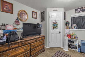 Bedroom with carpet and a textured ceiling
