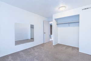 Unfurnished bedroom with carpet flooring, a textured ceiling, and a closet