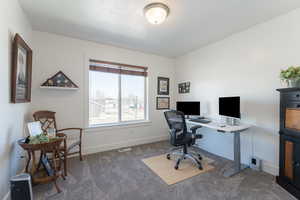 Office area with dark carpet