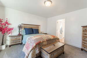 Bedroom with light colored carpet and ensuite bathroom
