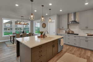 Kitchen with gray cabinets, tasteful backsplash, hanging light fixtures, and light wood-style flooring