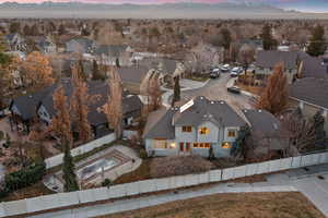 Aerial view of residential area with mountains