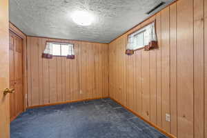Empty room with wood walls, dark carpet, and plenty of natural light