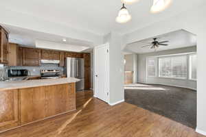 Kitchen featuring light countertops, stainless steel appliances, a peninsula, open floor plan, and wood finish cabinets