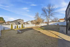 Fenced backyard featuring a residential view