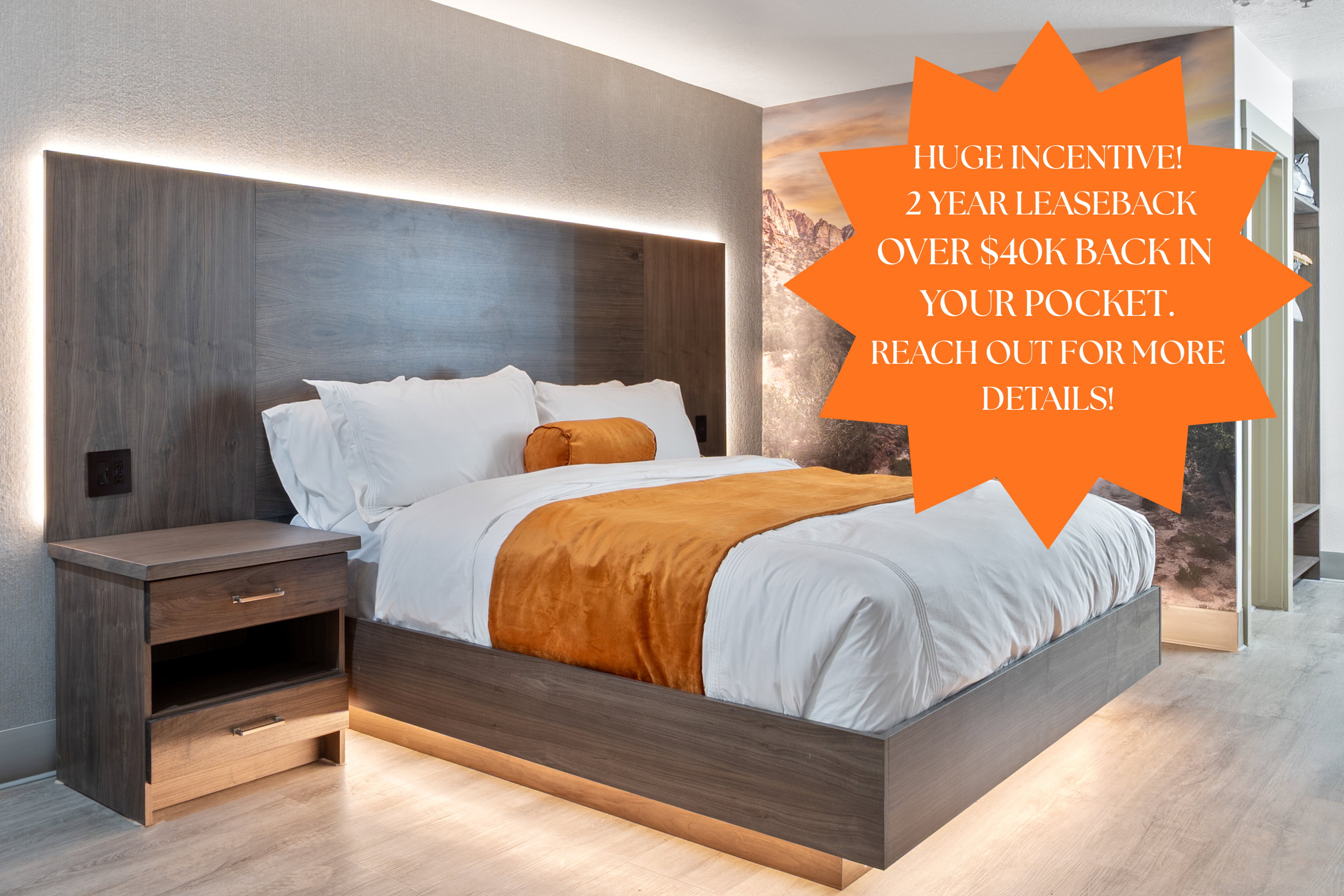 Modern bedroom featuring a wood-finish platform bed with integrated lighting, a coordinating wood-finish headboard with accent lighting, and a matching two-drawer nightstand