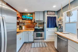 Kitchen with stainless steel appliances, butcher block countertops, open shelves, light wood-style floors, and hanging light fixtures