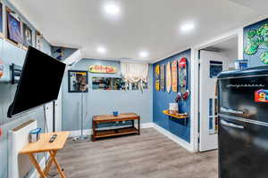 Rec room featuring light wood finished floors and recessed lighting