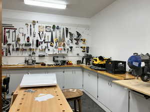 Kitchen featuring wood counters and white cabinetry