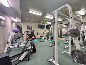 Workout area with a textured ceiling