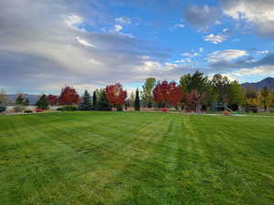 View of grassy yard with a mountain view and a playground
