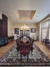 Dining space with hanging lights, a raised ceiling, and light wood-type flooring
