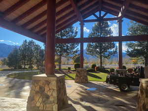 View of patio featuring a mountain view