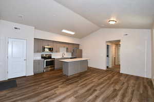 Kitchen featuring light countertops, stainless steel appliances, dark wood-style flooring, a kitchen island, and open floor plan