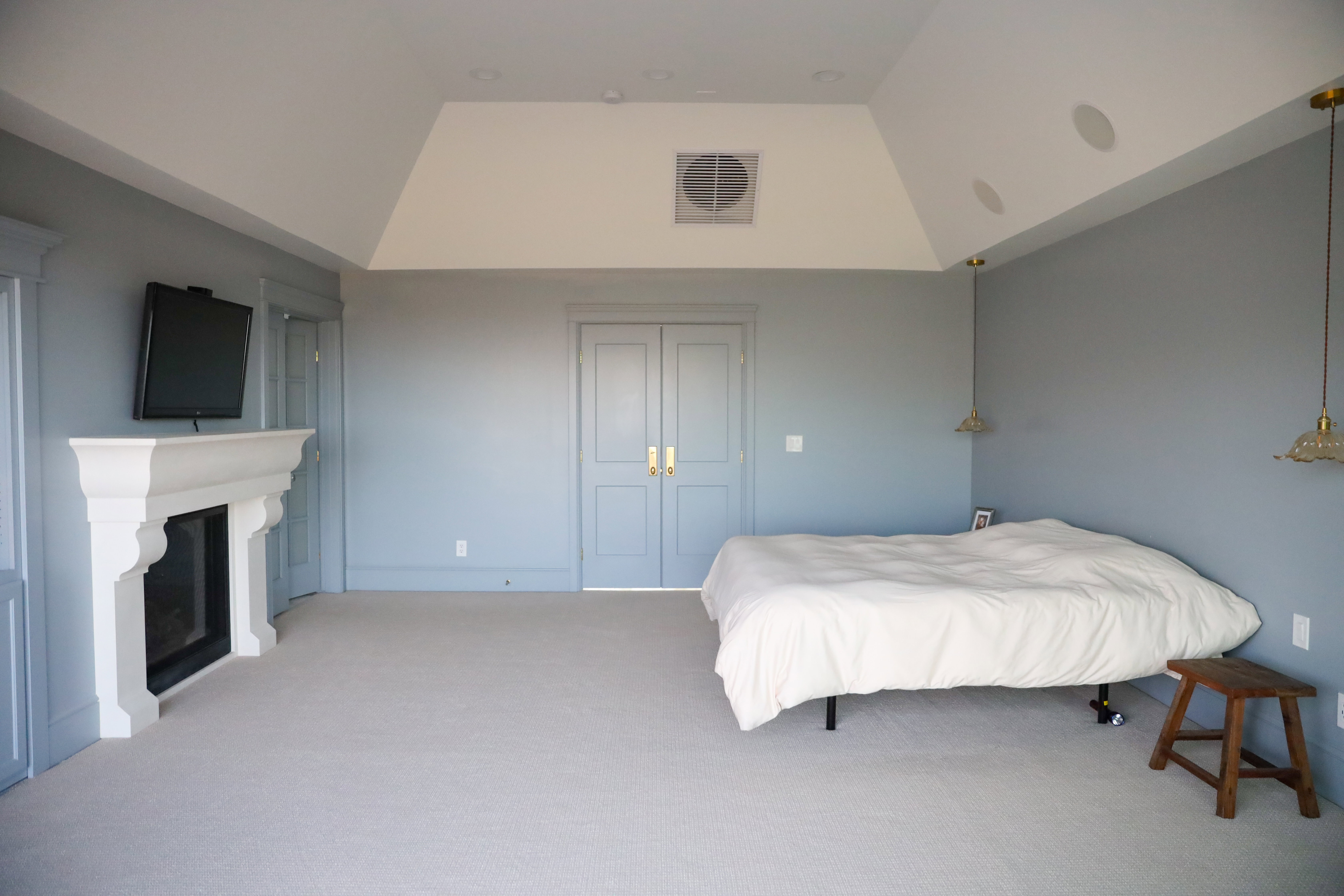 Fireplace and double door entry