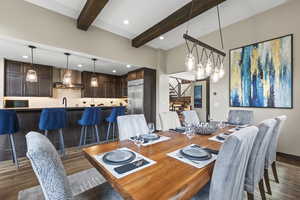 Dining space featuring wood finished floors, beam ceiling, and recessed lighting