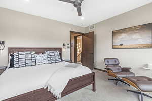 Bedroom featuring carpet flooring, a ceiling fan, and recessed lighting