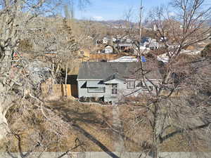 Drone / aerial view of a mountainous background