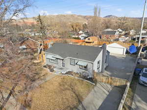 Aerial view of residential area with mountains