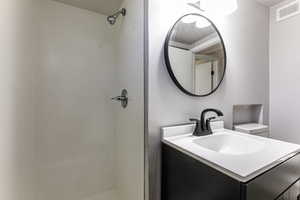 Full bath featuring vanity and a stall shower