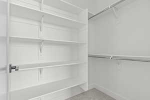 Walk in closet featuring light colored carpet