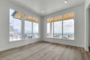 Unfurnished room featuring light wood-style floors, a mountain view, and healthy amount of natural light
