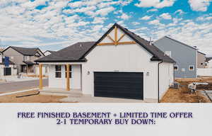 Modern farmhouse style home with board and batten siding, covered porch, a garage, roof with shingles, and a residential view