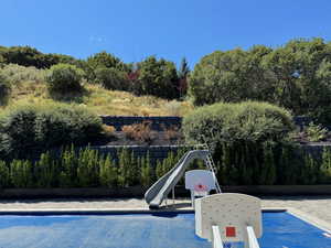 View of pool featuring a water slide and patio surround