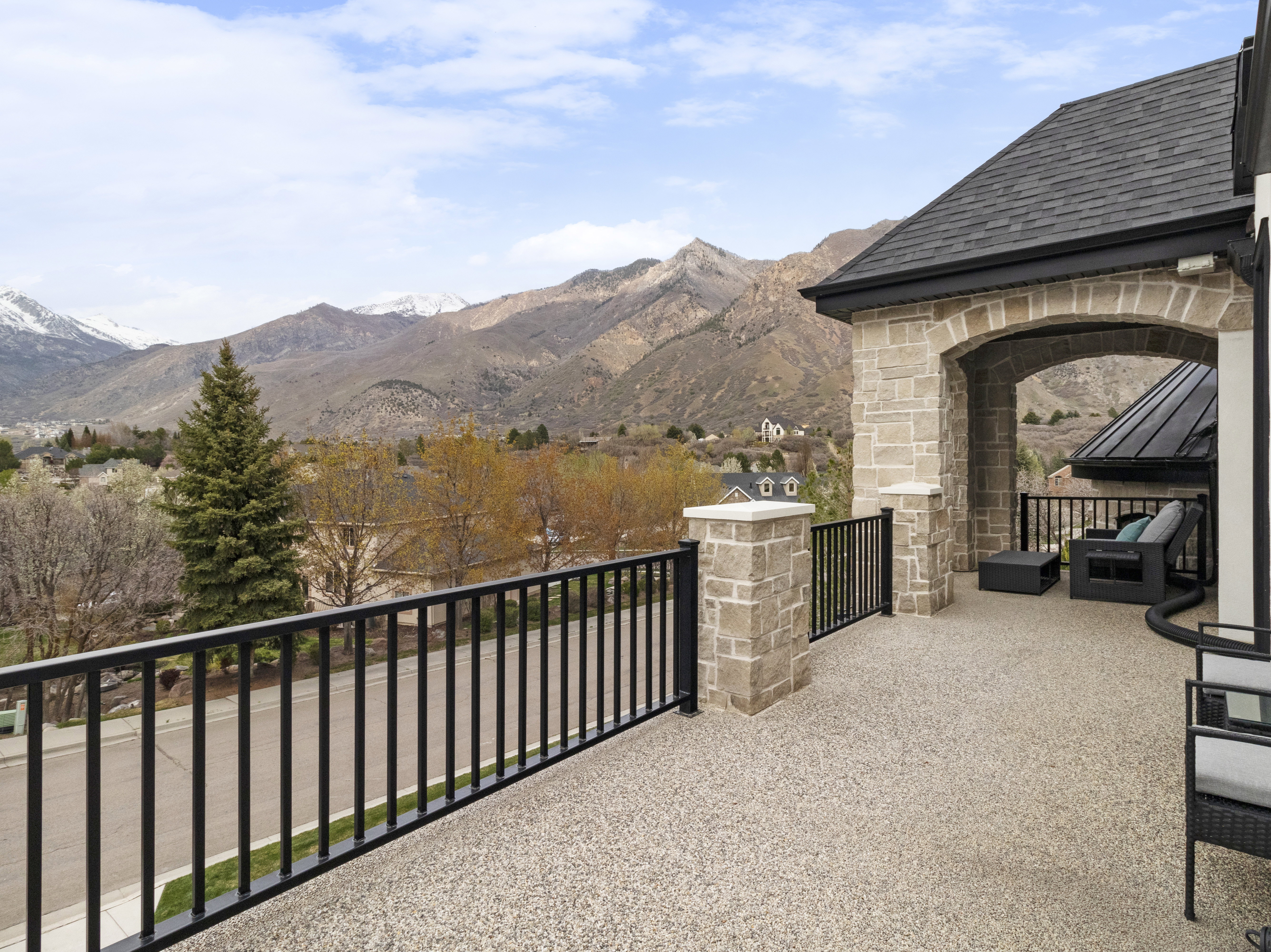 View of patio with a mountain view