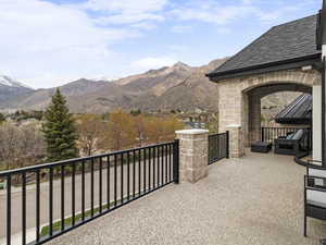 View of patio with a mountain view