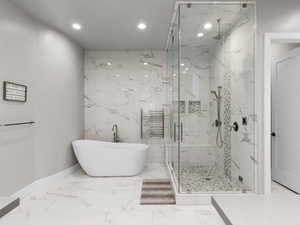 Full bathroom with a soaking tub, a marble finish shower, recessed lighting, radiator heating unit, and tile walls
