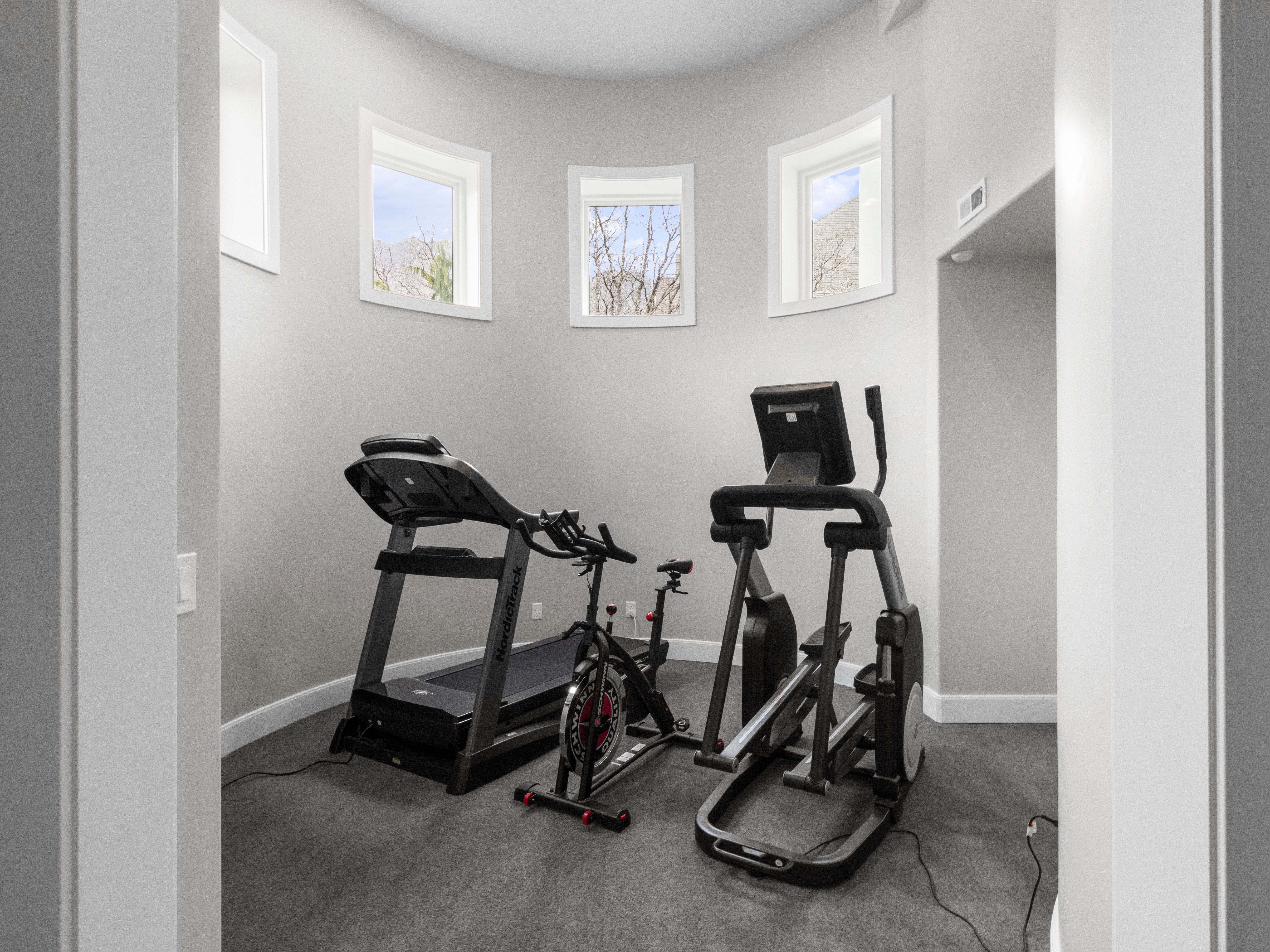 Workout room with plenty of natural light and dark colored carpet