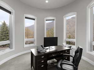 Office area featuring carpet and baseboards