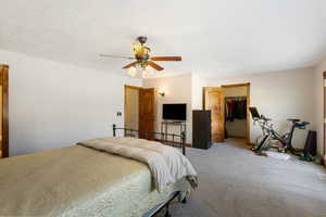 Primary Bedroom featuring a spacious closet, carpet floors, ceiling fan, and a textured ceiling