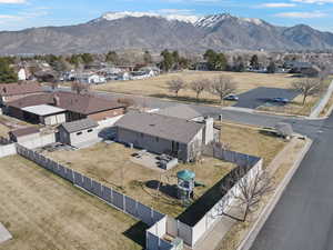 Aerial view of residential area with mountains