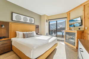 Bedroom featuring access to outside and a glass covered fireplace